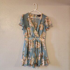 Trixxi Size 14 Blue Floral Sheer Back Medium Dress With Elastic Waistband
